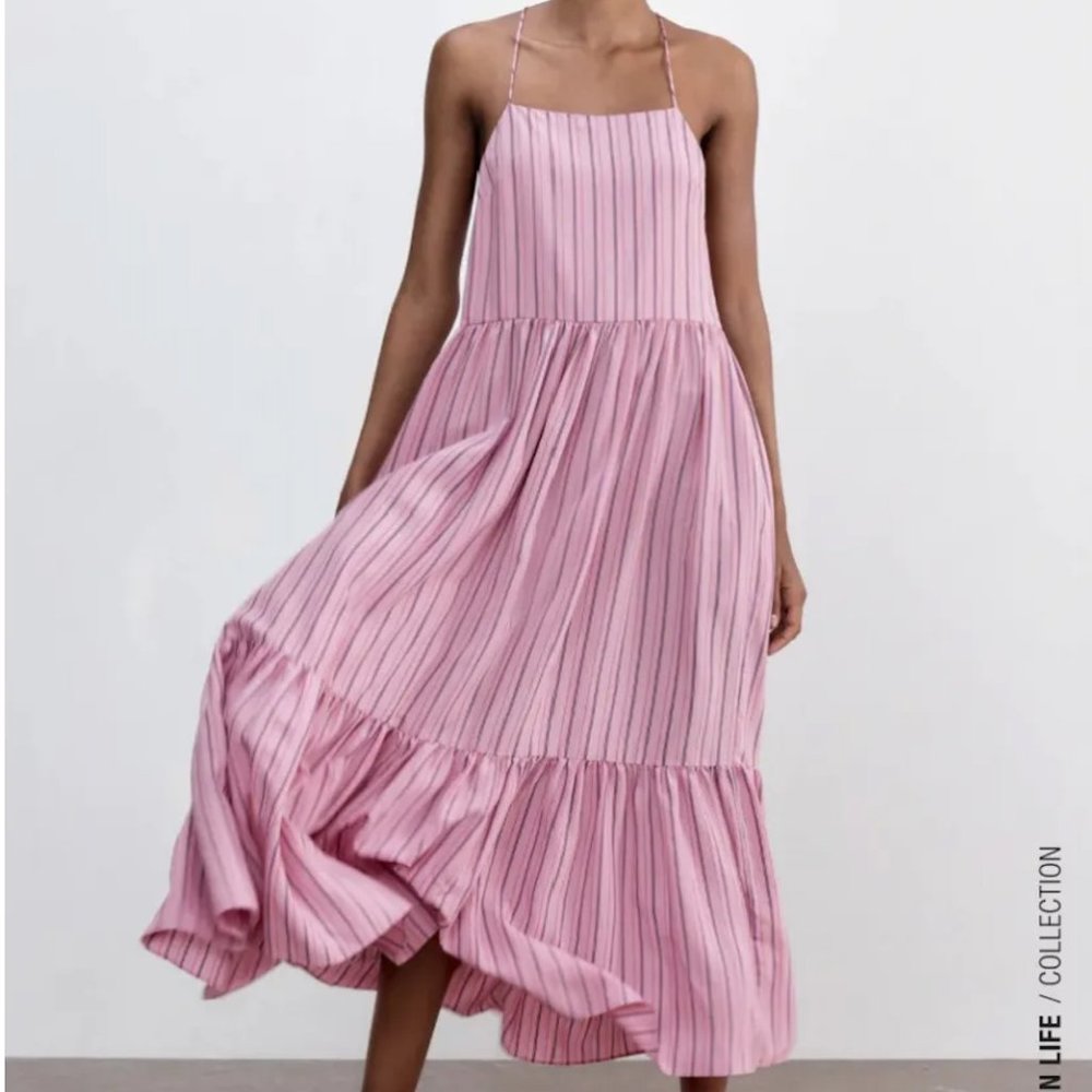 Like New Zara Pink Striped Midi Dress with Cross back in Size Large